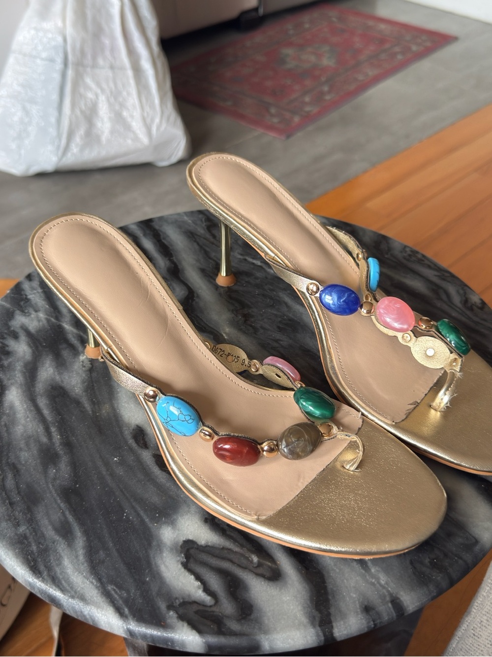 Amazon Gold Beaded Gemstone Thong Heels with Multicolor Stones